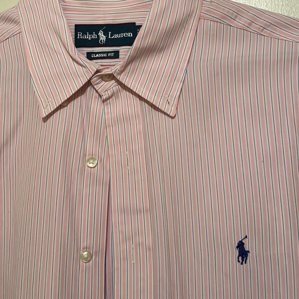 Ralph Lauren classic fit button down. Pink with navy and whit pinstripes. - Picture 3 of 4